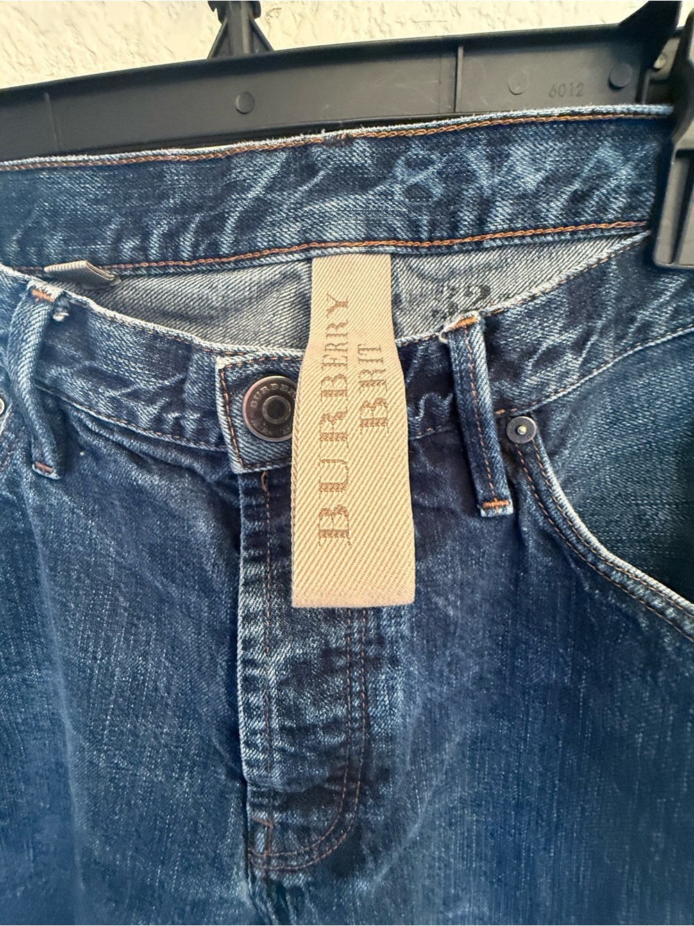 Burberry Men’s Blue Slim Straight Jeans with Tan Logo Tab